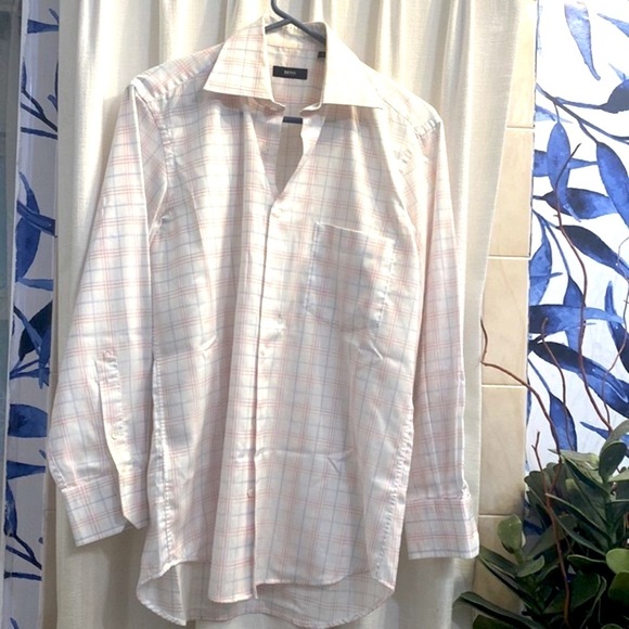 Men’s BOSS Hugo Boss Long Sleeve White Pink & Blue Plaid Button Down Size 38 - Picture 2 of 7